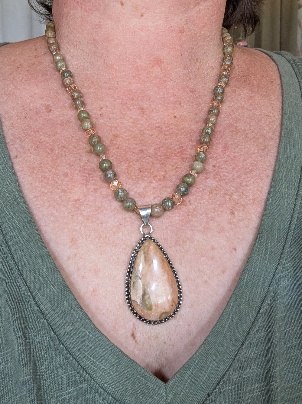 Green Jasper Beaded Necklace with Teardrop Pendant